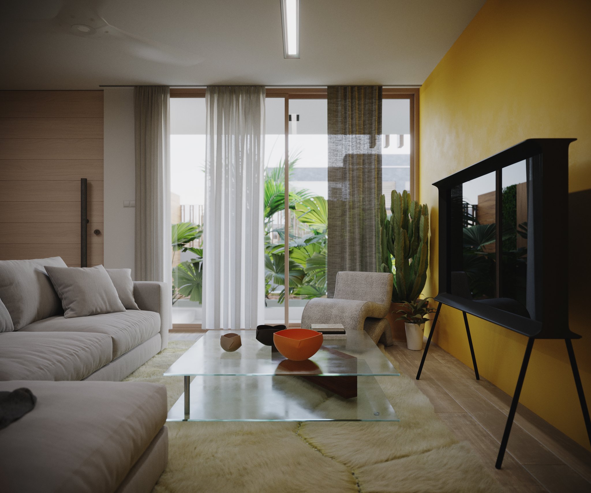 TTD living room from the sofa end: glass coffee table with orange and dark bowls, sheer curtains over a sliding door onto greenery, black TV cabinet right.