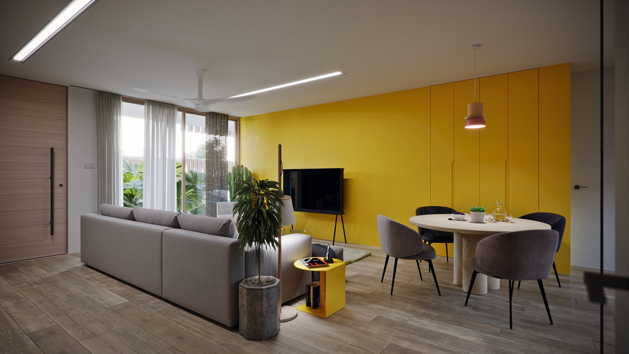TTD open-plan living and dining by day: grey sofa back to camera, round oak table with four grey chairs, pink pendant, yellow side table and a plant in a concrete planter.