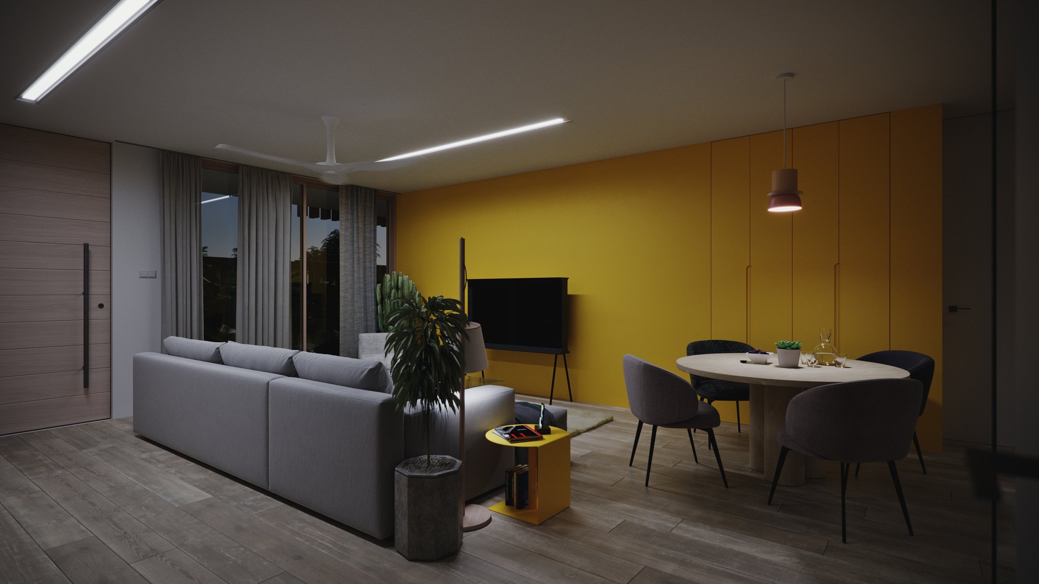 TTD the same living and dining view at night: linear ceiling lights and pink pendant lit against dark windows.