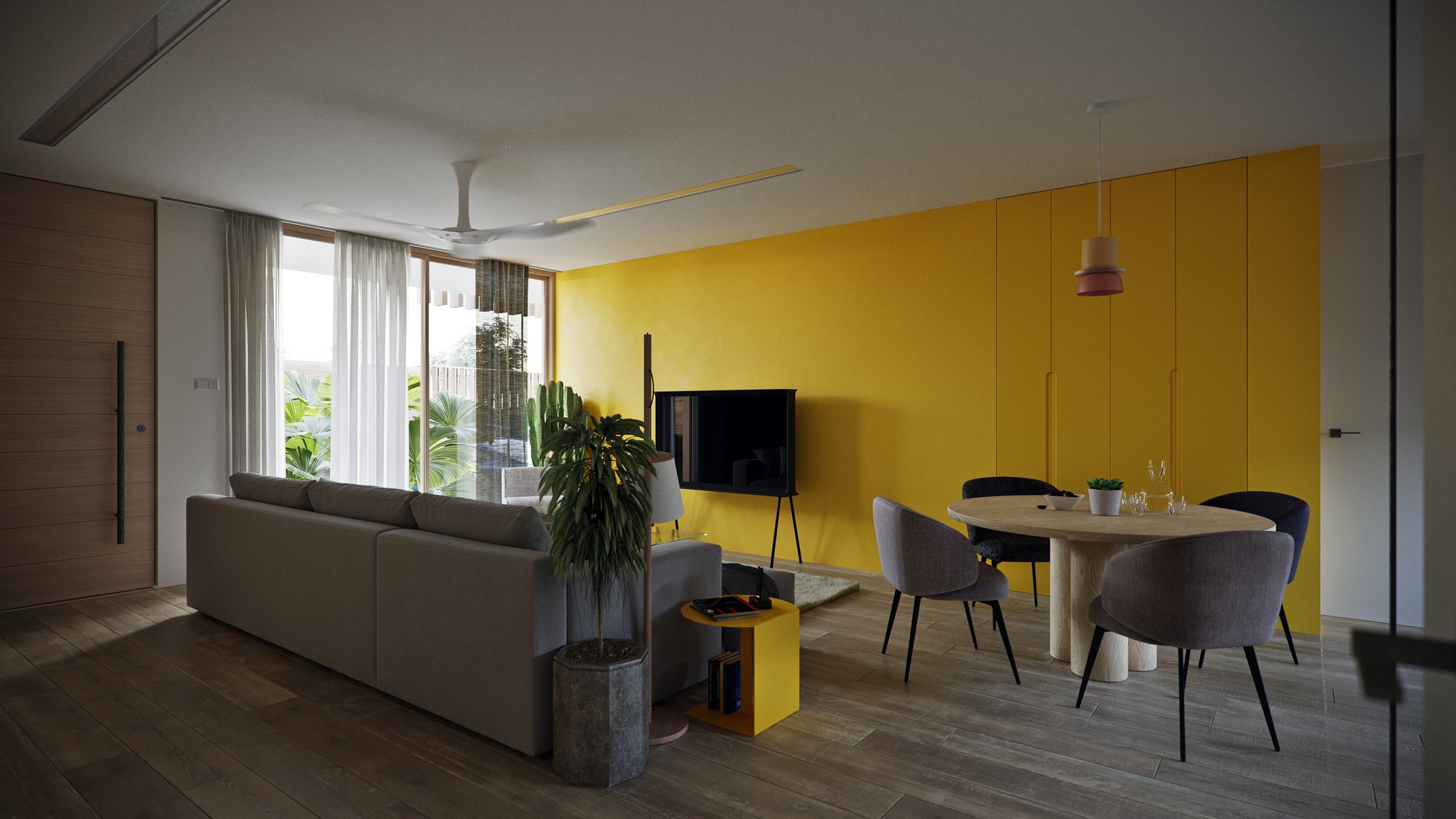 TTD the same living and dining view in soft daylight, with grey and dark chairs around the round oak table.