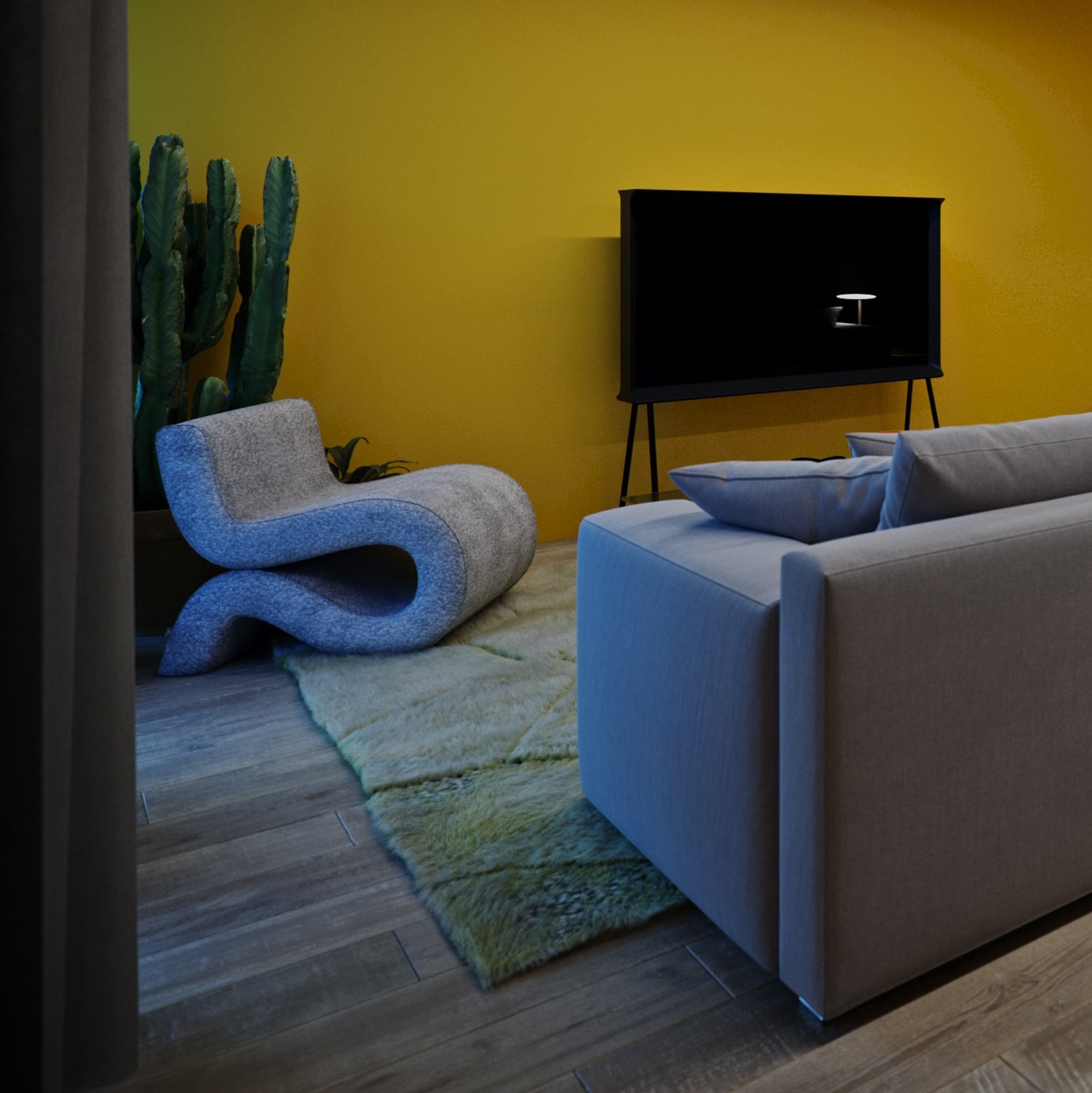 TTD low angle of the lounge: black TV on slim legs against a mustard wall, grey S-curved chair, tall cactus and a green shag rug.