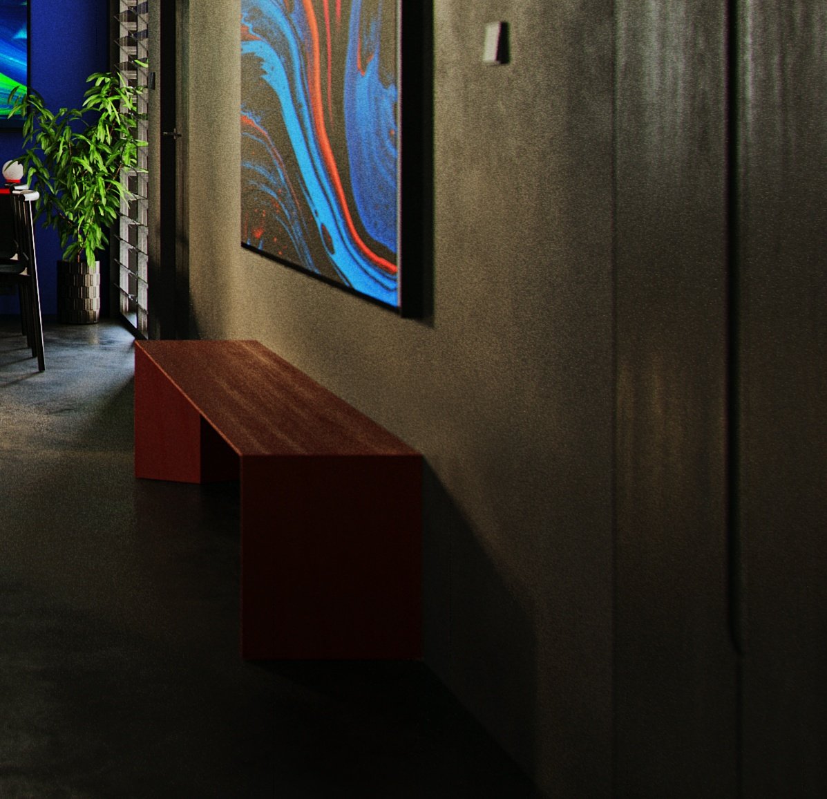 TTD grey hall wall: a floating red bench under a blue and orange abstract canvas, light switch, dark veneer panels to the right.