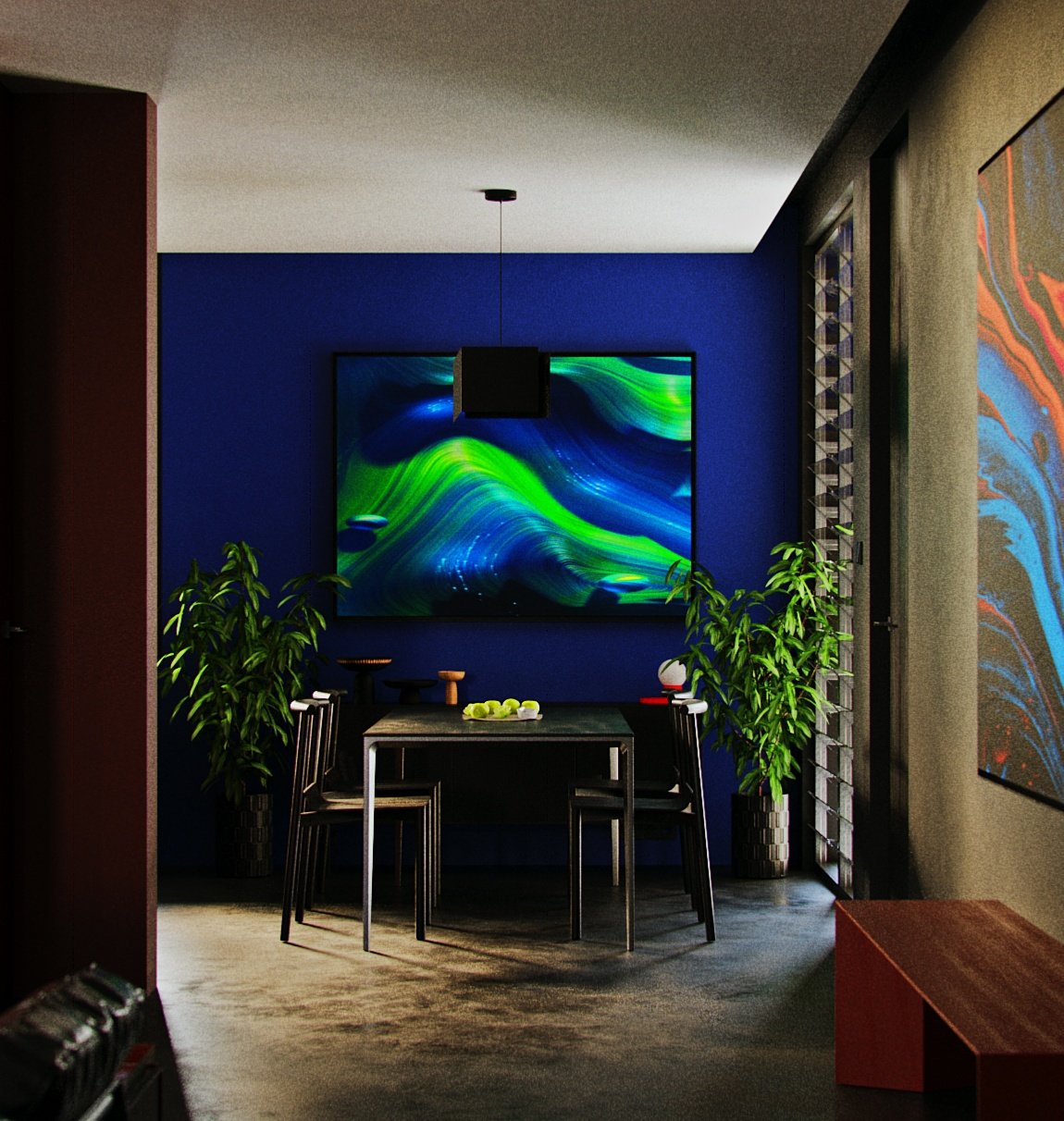 TTD dining nook head-on: cobalt blue wall and a green abstract canvas, black cube pendant over a dark table with four chairs, bowl of green fruit.