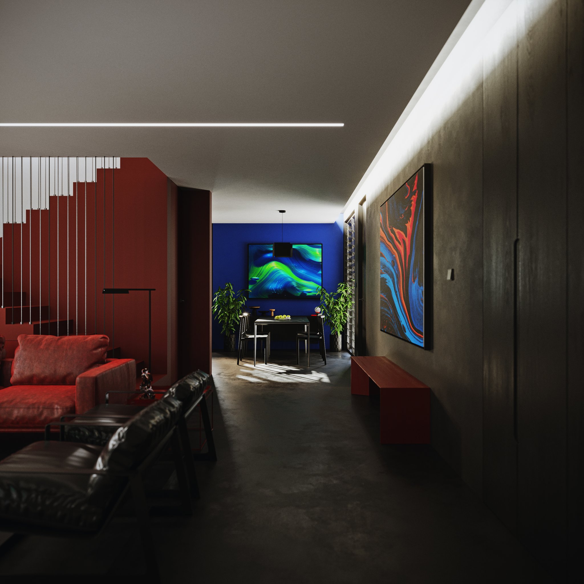 TTD the same hall view with the linear LED ceiling strip on: cove wash down the right wall and daylight streaks across the concrete floor.