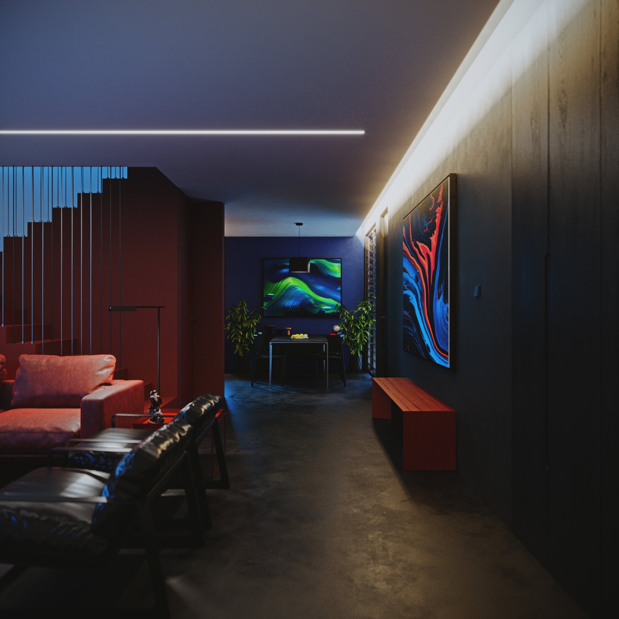 TTD the same hall at dusk: blue sky behind the red staircase, LED strip and warm cove light glowing, dining nook dim at the far end.