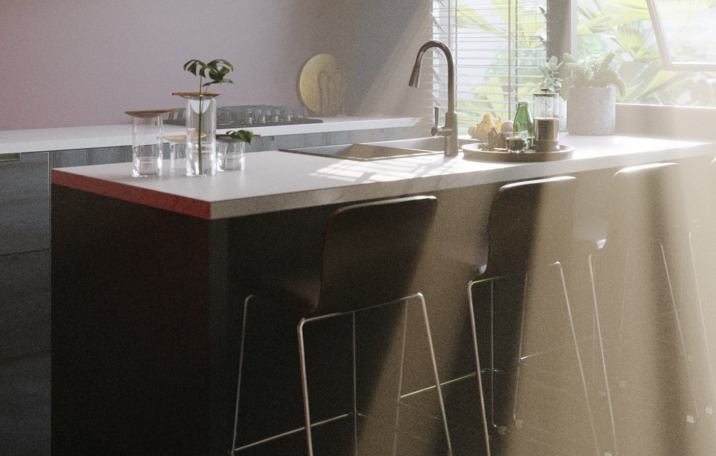 TTD close crop of that island: white top with a red edge band, black leather stools on chrome legs, sink and tall tap, tray with a green bottle.