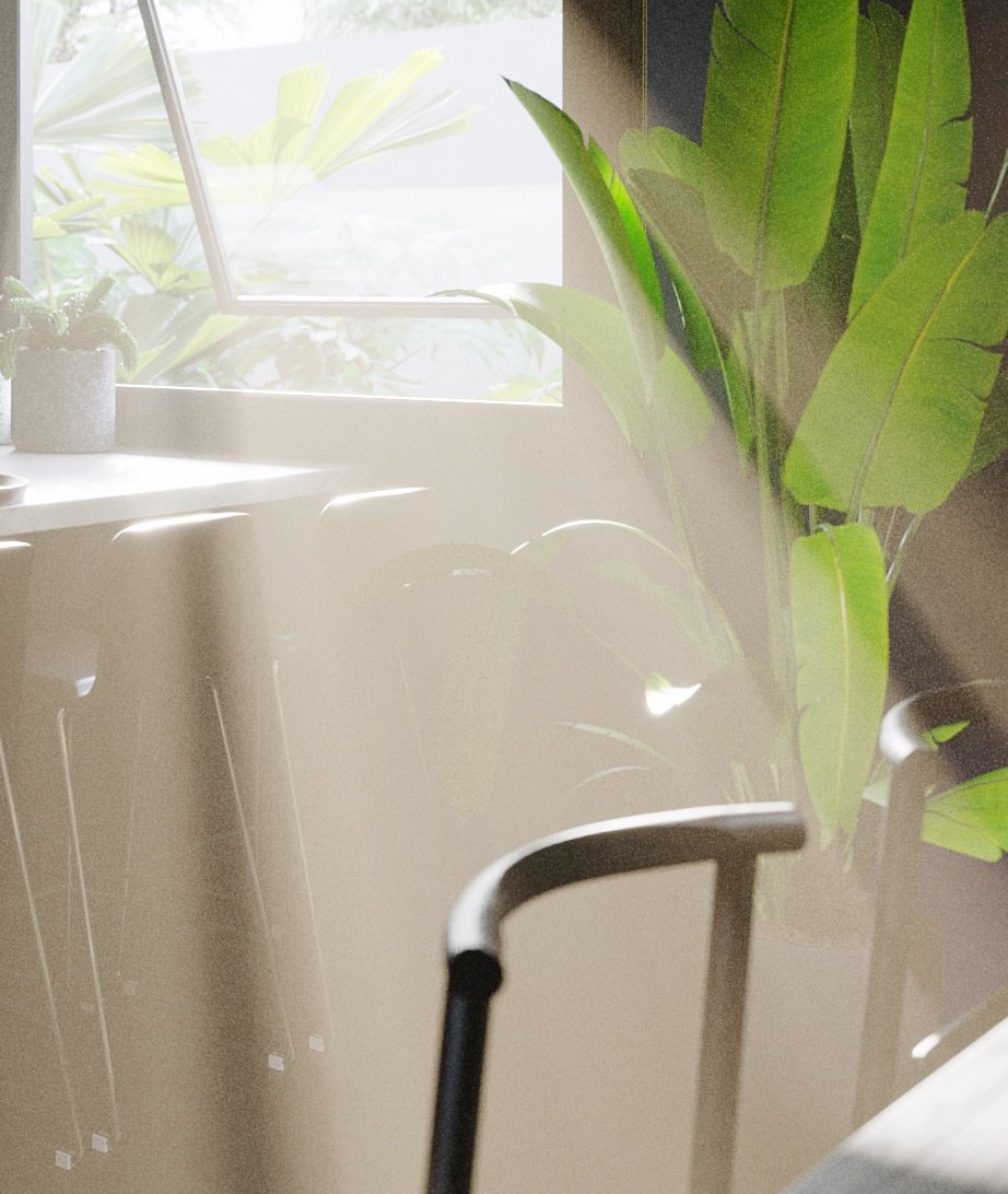TTD hazy sunlit kitchen detail: white counter and metal-legged stools, potted cactus on the windowsill, large banana leaves at the right.