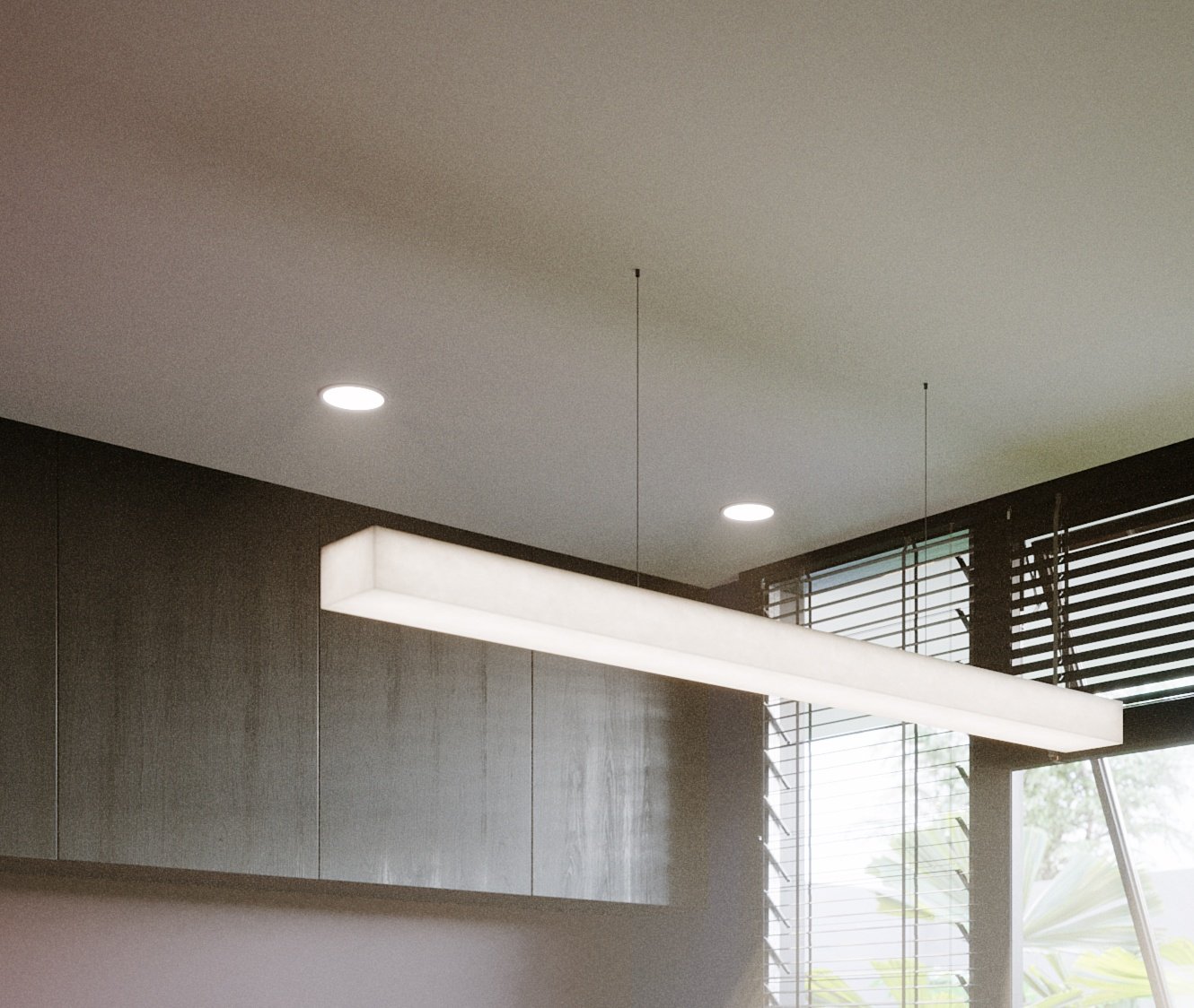 TTD upward view of the white ceiling: long rectangular pendant on two cables, two lit recessed downlights, charcoal oak cabinets at the left.