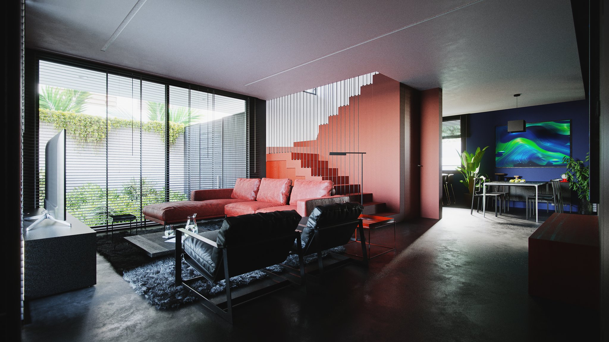 TTD living room by day: red corner sectional and two black leather armchairs on a grey shag rug, TV on a plinth, pink stair with steel balusters.