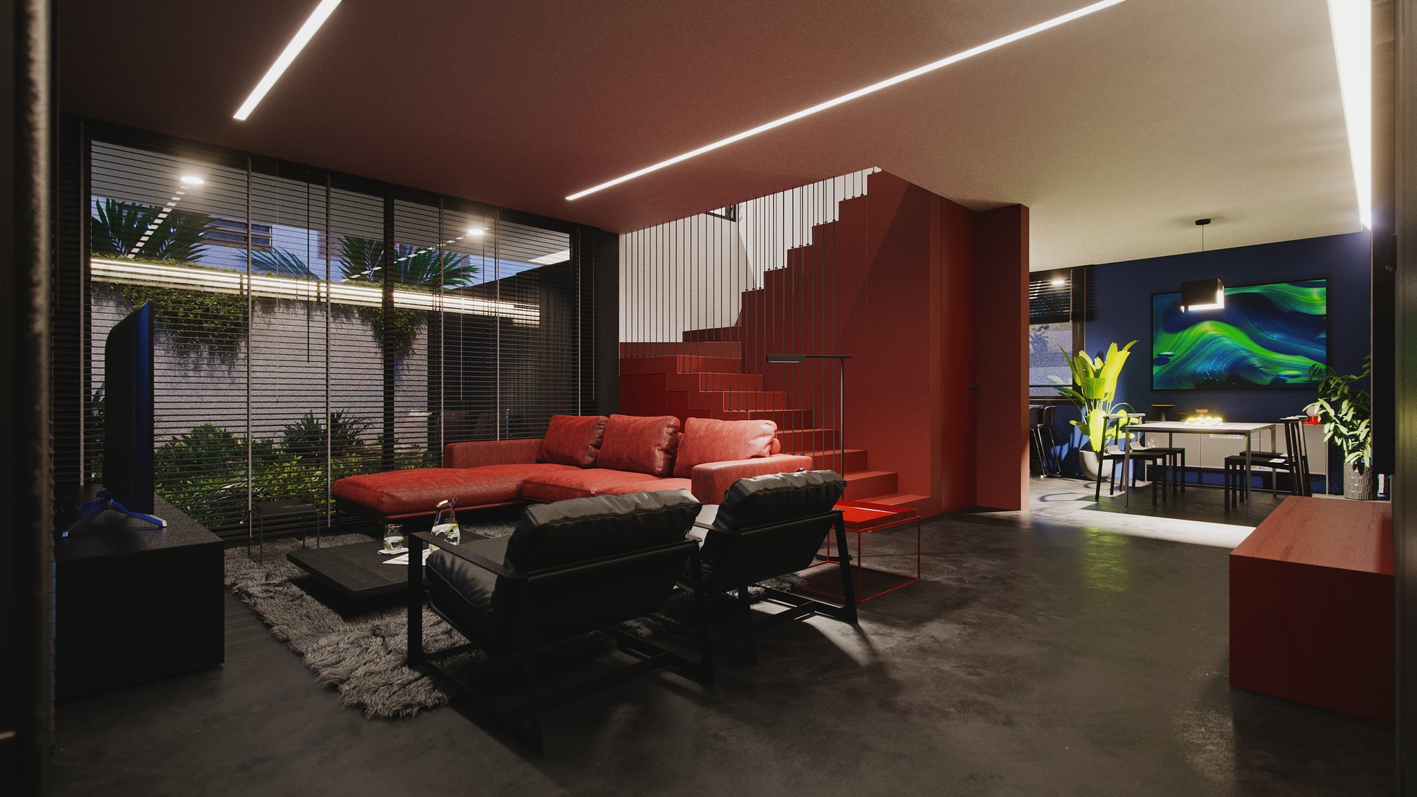 TTD the same living room at dusk: ceiling LED strips and dining pendant lit, warm light on the concrete floor, blue sky beyond the blinds.