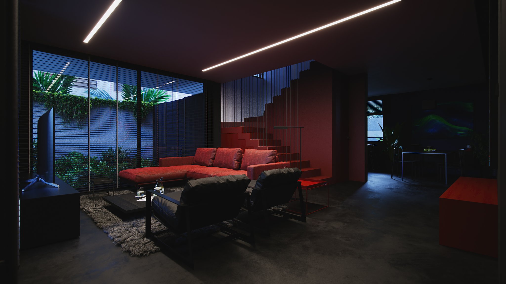 TTD the same living room at night: red sectional and black armchairs lit from above by the LED strips, blue dusk through the blinds, dining area in shadow.