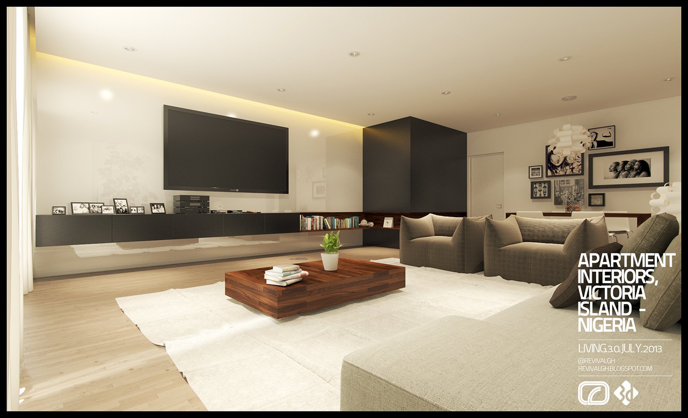 Panoramic render of a living room from one corner: a wall-mounted television over a long dark media console, taupe modular seating on a pale rug, a low walnut coffee table, a cove-lit white ceiling and the title set at the lower right.