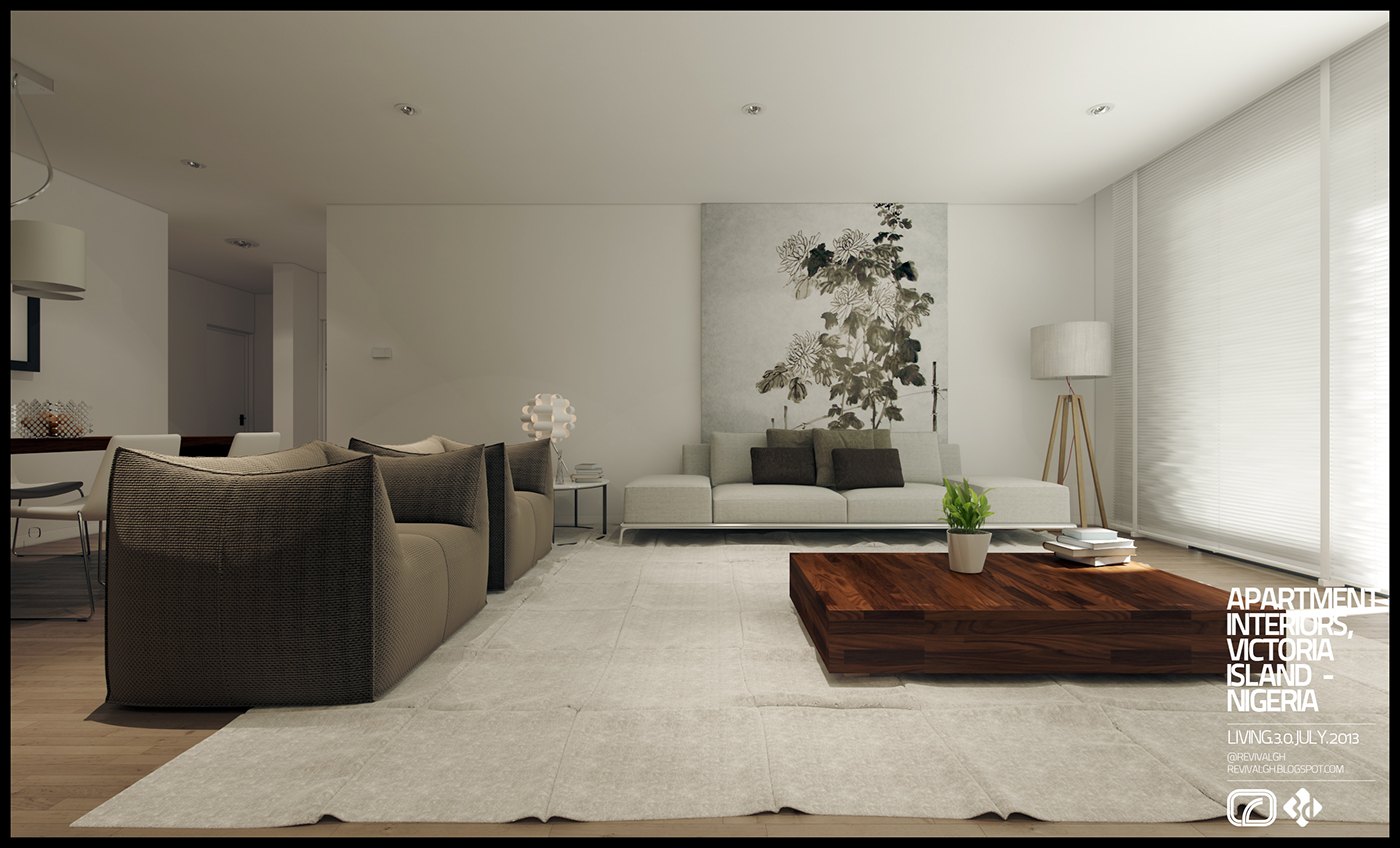 Second angle of the same living room render: a white sofa against a large ink-wash botanical panel, taupe chairs around a dark coffee table, a pale rug on light oak floor, tripod lamp and full-height roller blinds.
