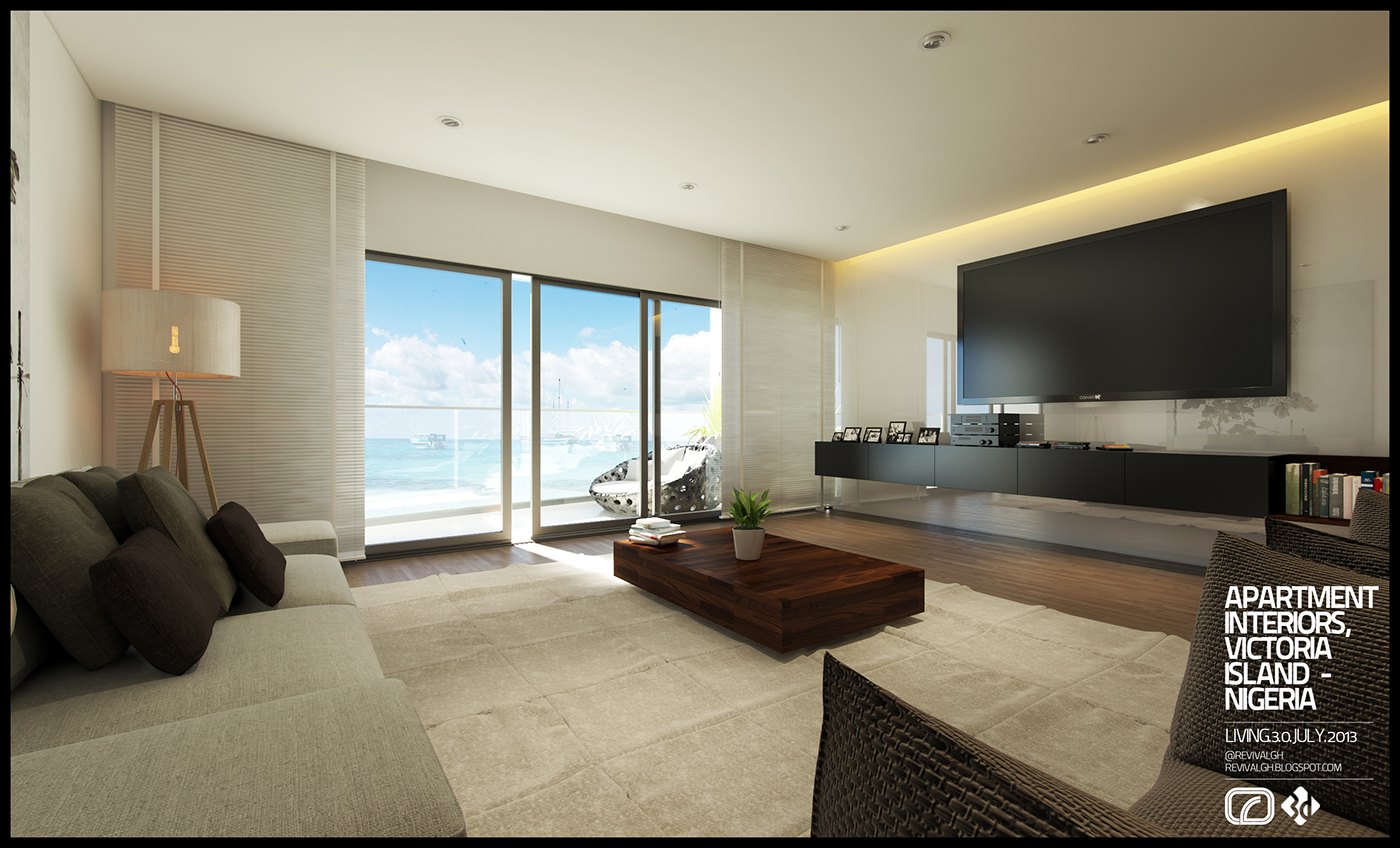 Third living room render, facing the glazed wall: full-height doors onto a terrace with the sea beyond, a daybed with dark cushions, pale rug, tripod floor lamp and the television wall in warm light at the right.