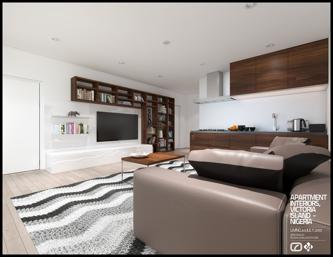 Kitchen and sitting corner render: dark wood upper and lower cabinets with white walls and worktops, a stainless extractor, open shelving filled with books beside a television, a grey leather seat and a black and white zigzag rug.