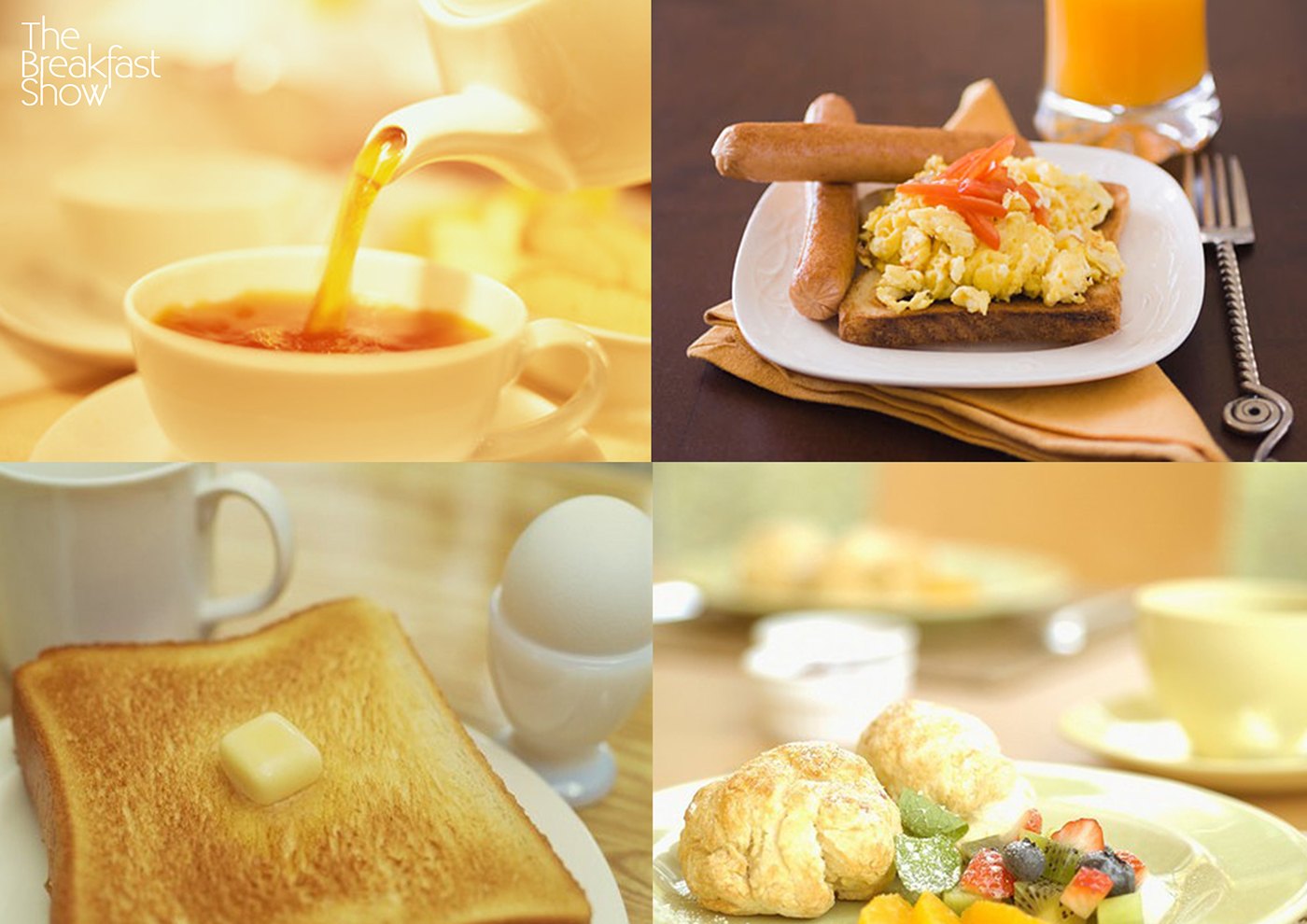 Mood board of four breakfast photographs in warm gold light: tea poured into a cup, scrambled eggs and sausage on toast, buttered toast beside a soft-boiled egg, and pastries with fruit, with a small stacked wordmark top left.
