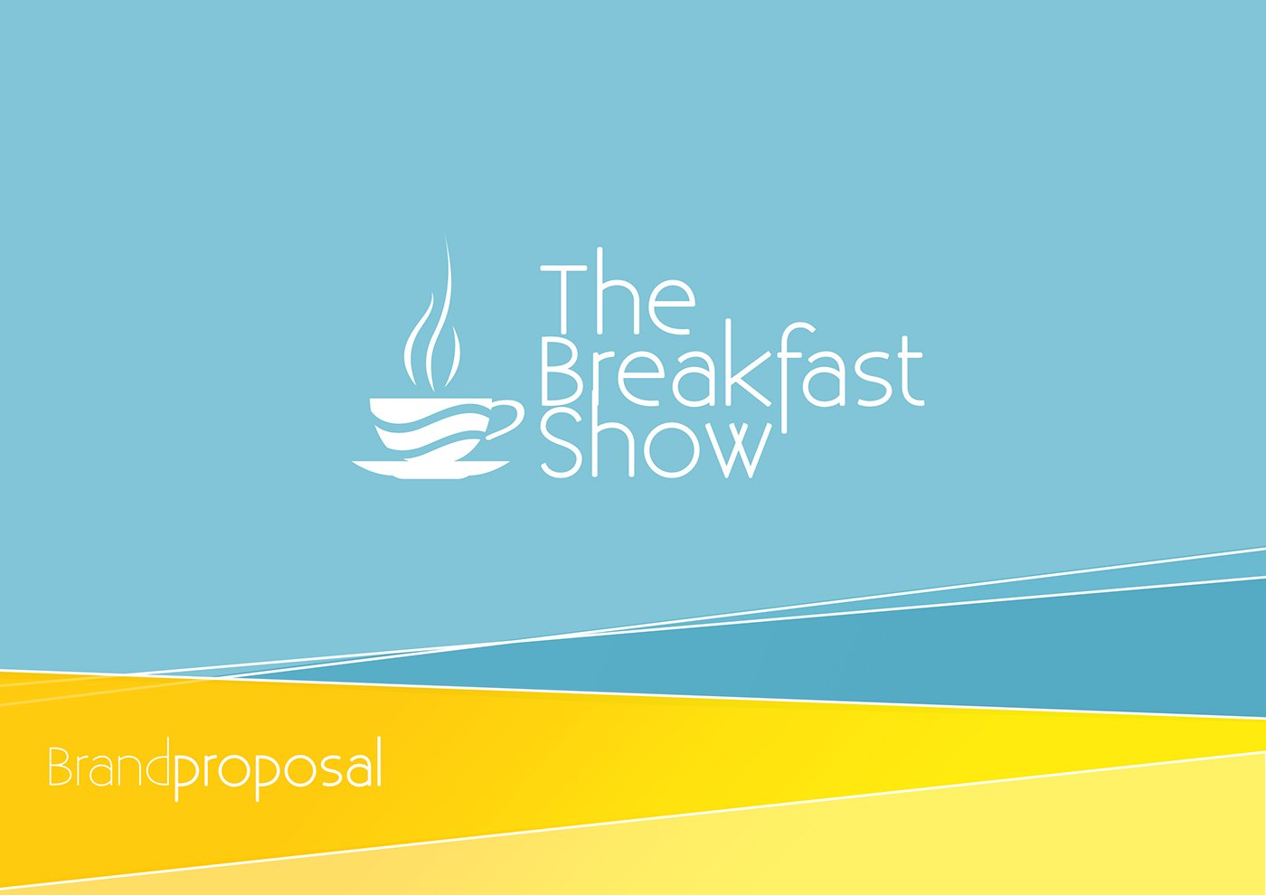 Logo presentation on a pale blue field: a white line-drawn coffee cup with three strokes of steam beside the stacked words The Breakfast Show, a curved yellow band across the base carrying the caption Brandproposal.