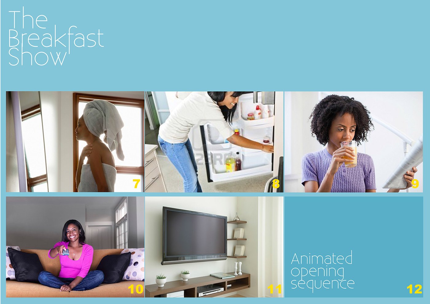 Storyboard frames 7 to 12: a woman drying her hair, reaching into an open fridge, drinking from a mug, sitting on a bed with a phone, a television in a living room, and a final plain teal panel captioned Animated opening sequence.