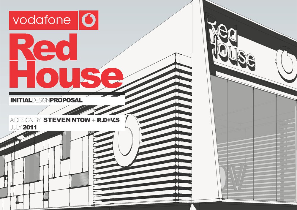 The proposal sheet: the vodafone wordmark reversed out of a red block above Red House in heavy red capitals, and beside them a flat line drawing of the stand&rsquo;s louvered corner with the speech mark and Red House lettered on its dark fascia band