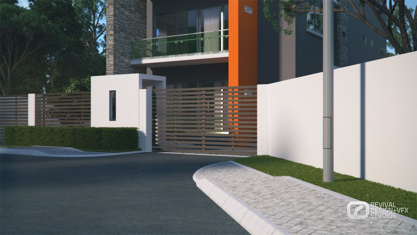 Second street view of the same facade: white wall piers and a slatted gate at the drive, an orange column rising through the composition, a glass-balustraded balcony above and a paved kerb curving into the frame.