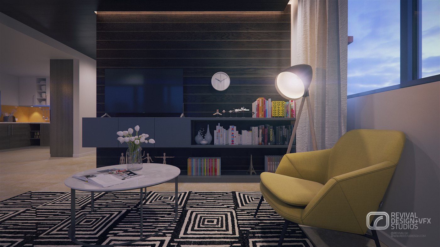 Evening lounge render: a mustard armchair on a black-and-white geometric rug, a marble-topped coffee table, a dark slatted media wall with a screen and low shelving, a chrome floor lamp and dusk sky at the window.