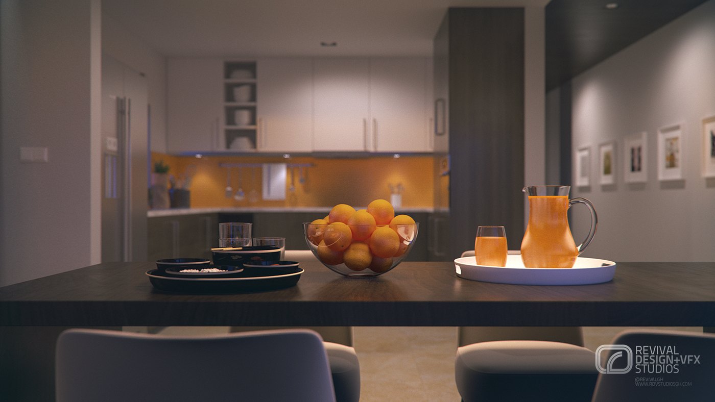 Dining render: a dark table laid with a bowl of oranges and a jug and glass of juice on a white tray, grey chairs, framed photos along the wall and a warm-lit white kitchen glowing beyond.