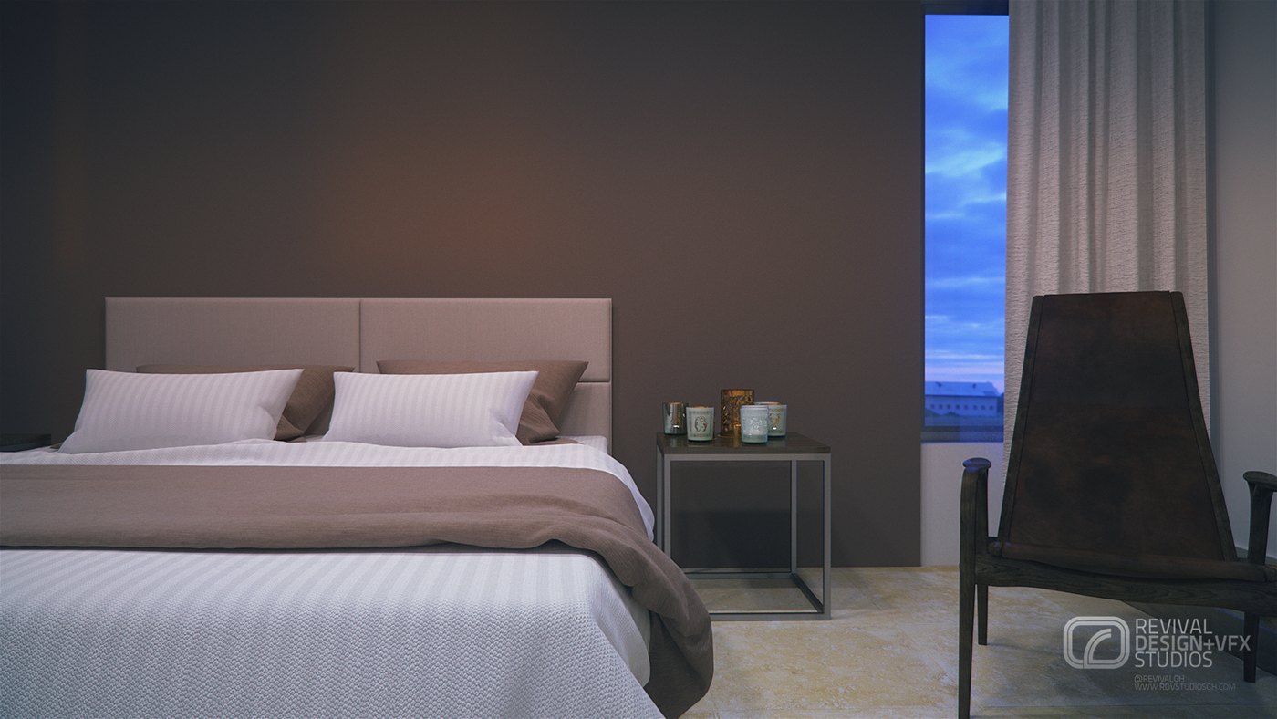 Bedroom render at dusk: a double bed with white linen, a taupe throw and brown cushions against a grey wall, a glass nightstand with small items, a dark high-back chair and a curtained window with blue evening light.