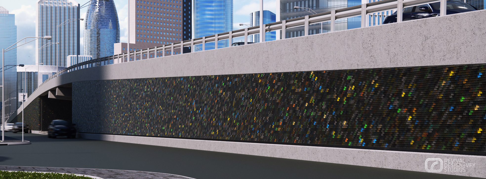 A curving concrete road overpass whose retaining wall is clad end to end in the dark speckled panel; a black car passes beneath the deck and a cluster of glass towers rises behind the parapet.