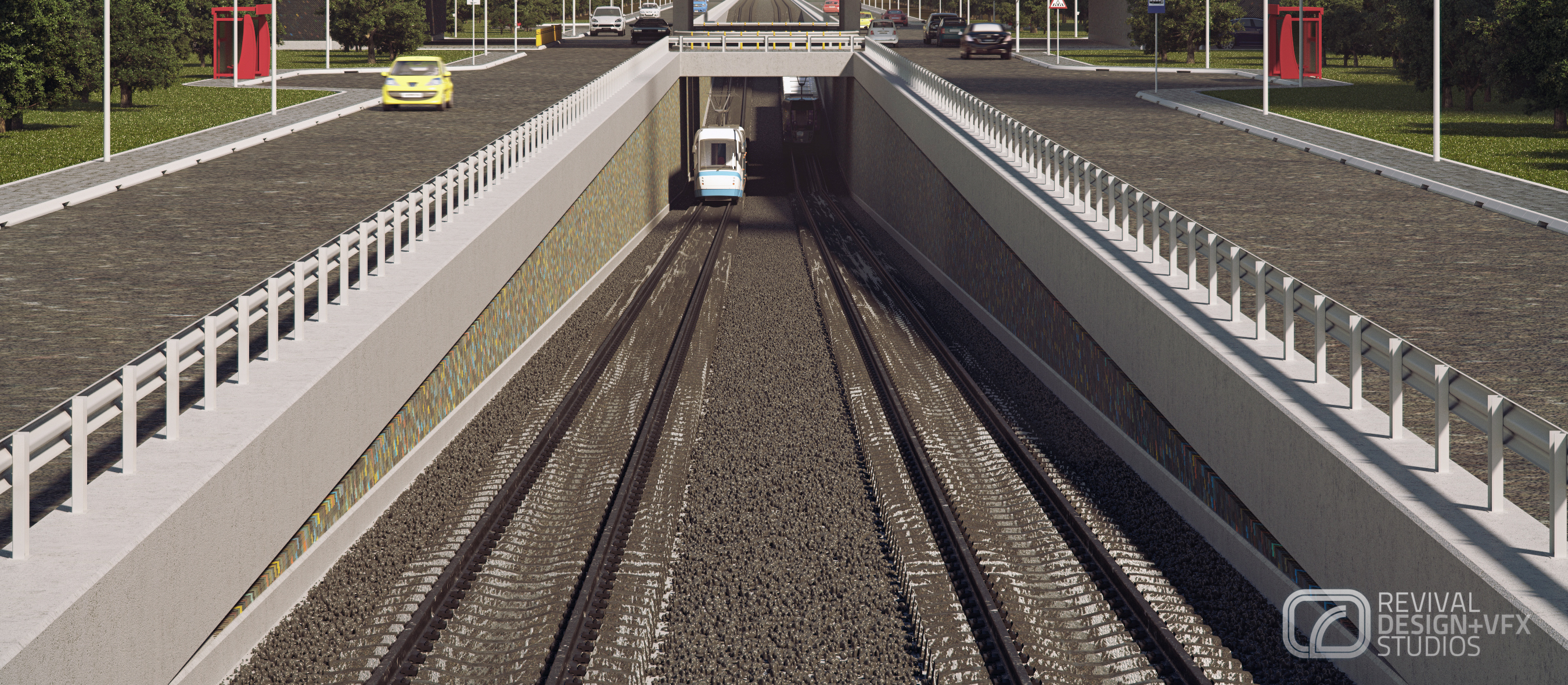 Head-on view down a transit cutting: tracks run straight into a short undercroft between white railings, a yellow car on the adjacent roadway at left and red portal frames marking the approach.