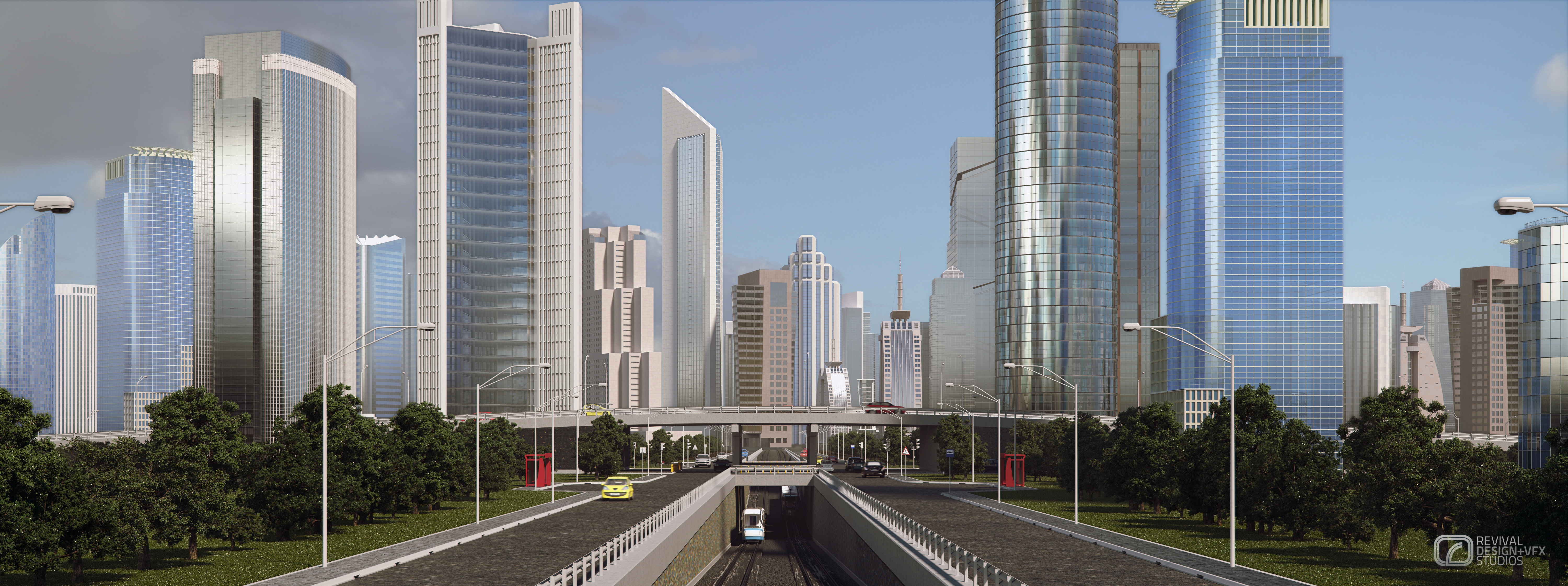 Wide elevated view across the road cutting toward the underpass, tree belts framing both sides and the high-rise context model filling the horizon behind.