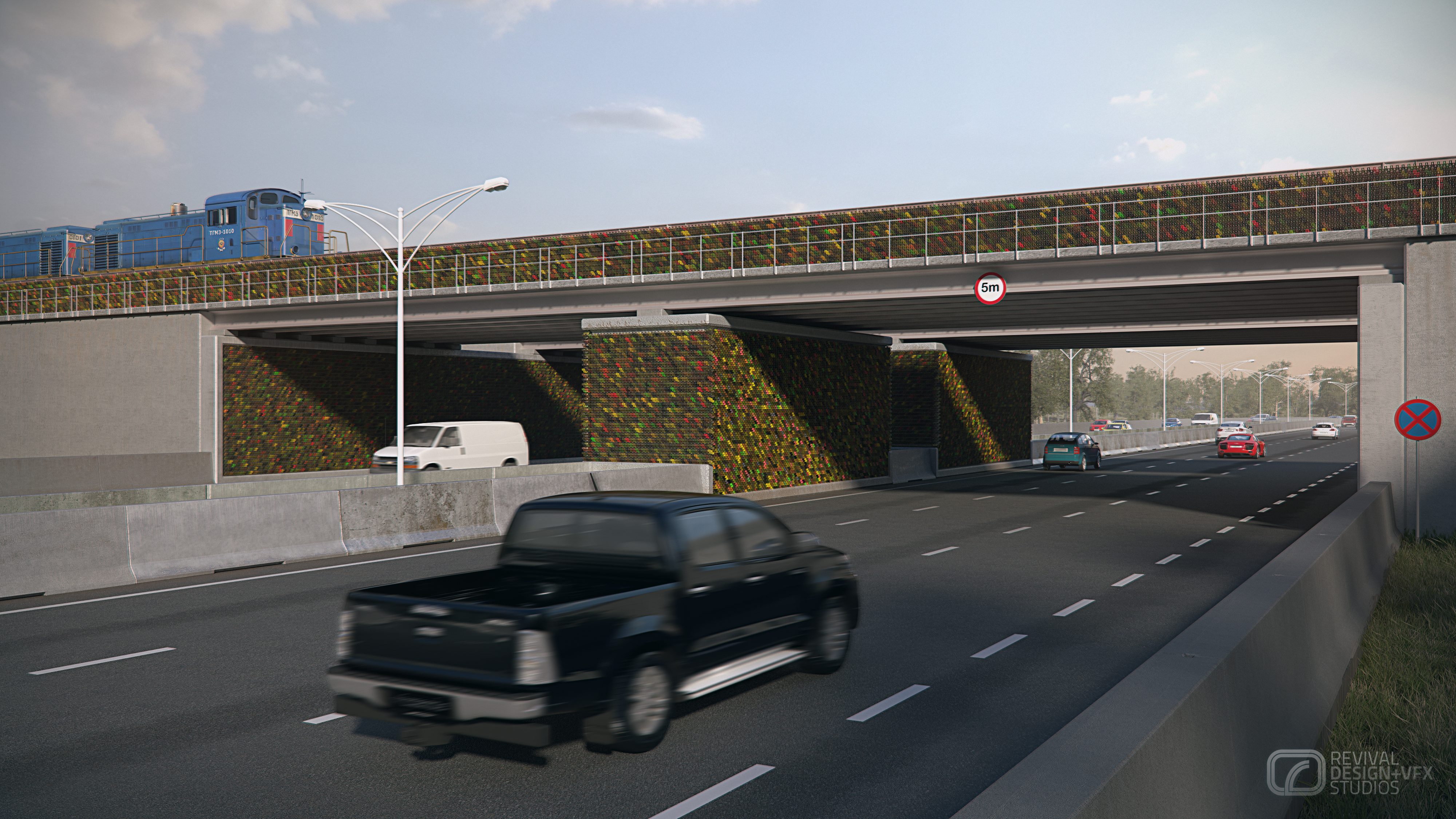 Traffic passing under a bridge whose piers and abutments carry the cladding; a dark pickup crosses the foreground and no-entry signs stand on the central reservation.