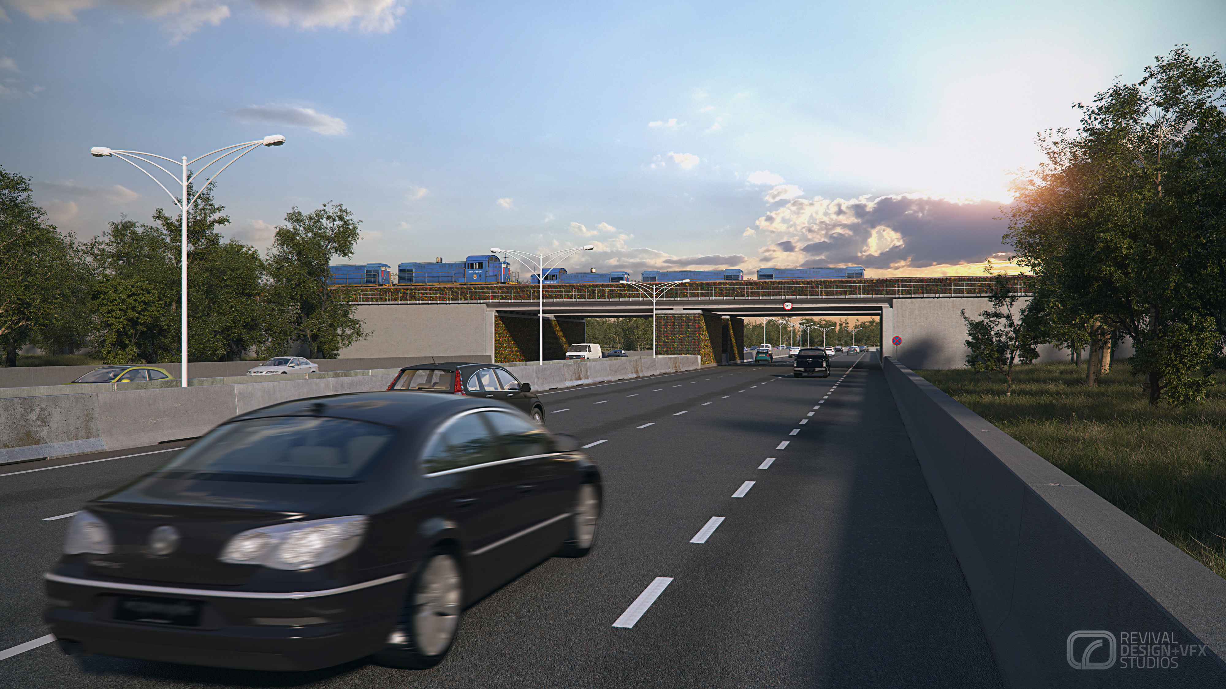 Dusk view along a highway toward an overpass clad in the panel, cars running in both directions under a warm, low sky.