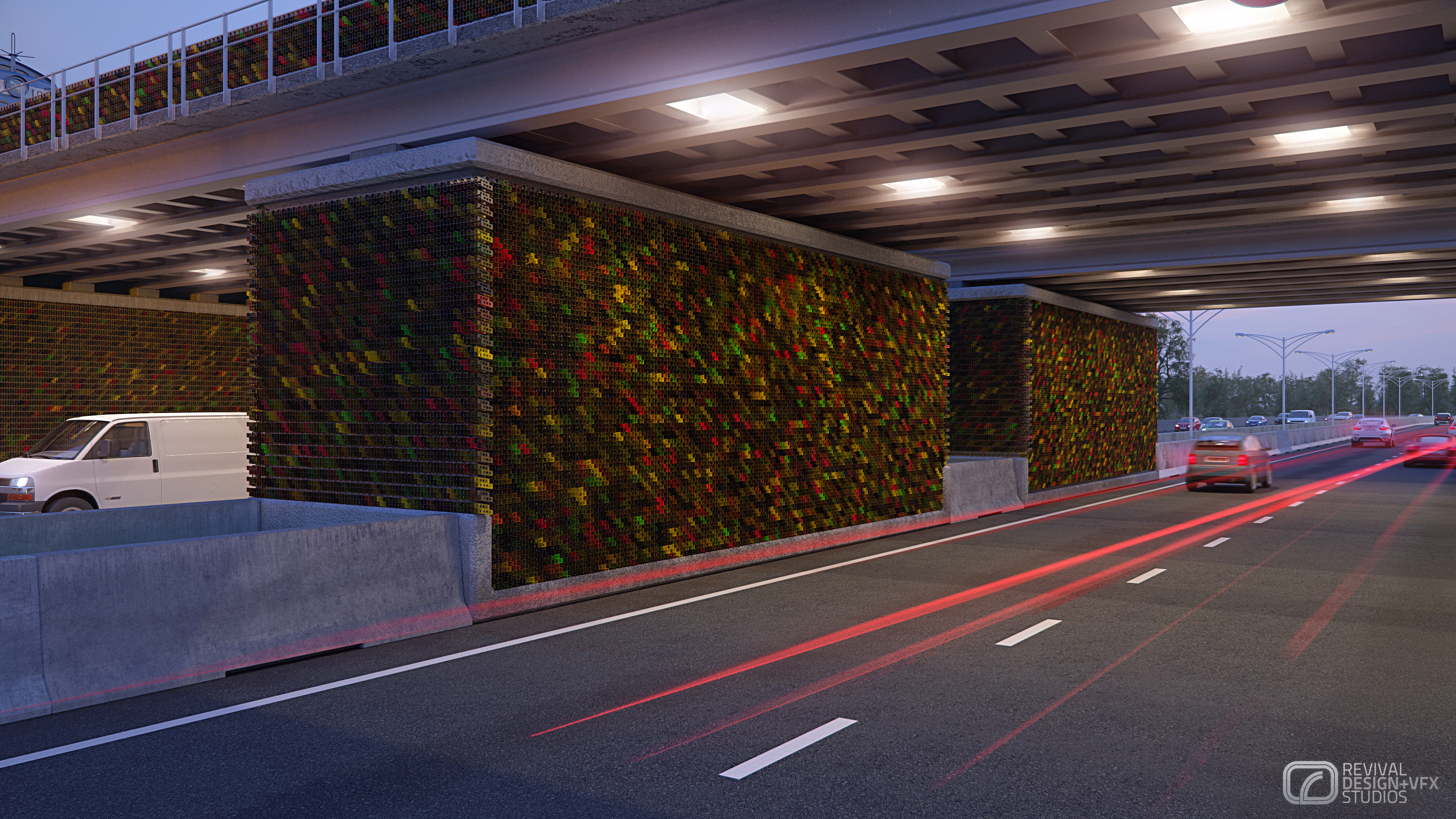 Night underpass with the clad walls glowing under the deck lights, long red and white light trails from traffic drawing the eye through the structure.