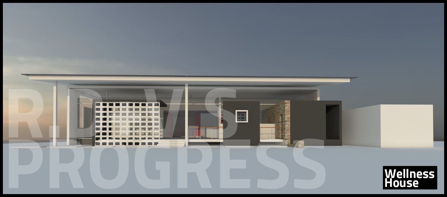 Concept elevation of a single-storey pavilion at dusk: one deep flat roof on slender white columns shelters a white grid lattice screen, dark grey wall volumes and a stone-clad bay, with a red interior accent visible behind glazing and a glass balustrade with a timber handrail, beside an untextured white massing block.