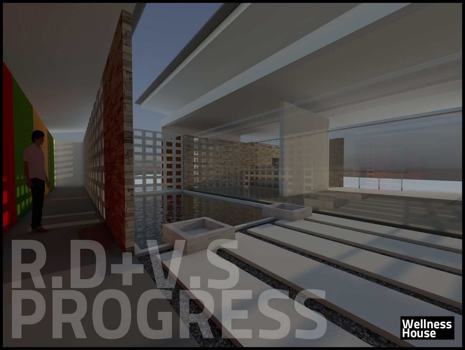 Interior courtyard study: a long reflecting pool with two square concrete planters and pale stepping pads runs between a stacked-stone wall and a white grid screen, deep roof beams span overhead, a glazed partition stands at the right and a colour-banded red, green and yellow wall closes the left walk where a scale figure stands.