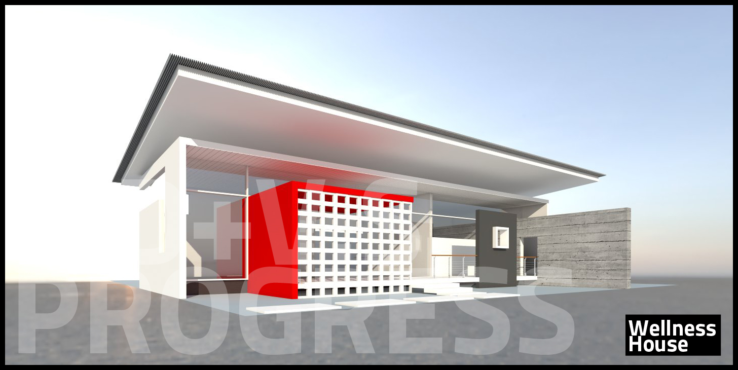 Corner perspective of the same pavilion by day: the deep overhanging roof on its exposed fascia, a bright red volume behind the white lattice screen, a board-formed concrete wall at the right, a dark grey portal with a single small window, and stepping pads leading to the entrance under a pale sky.