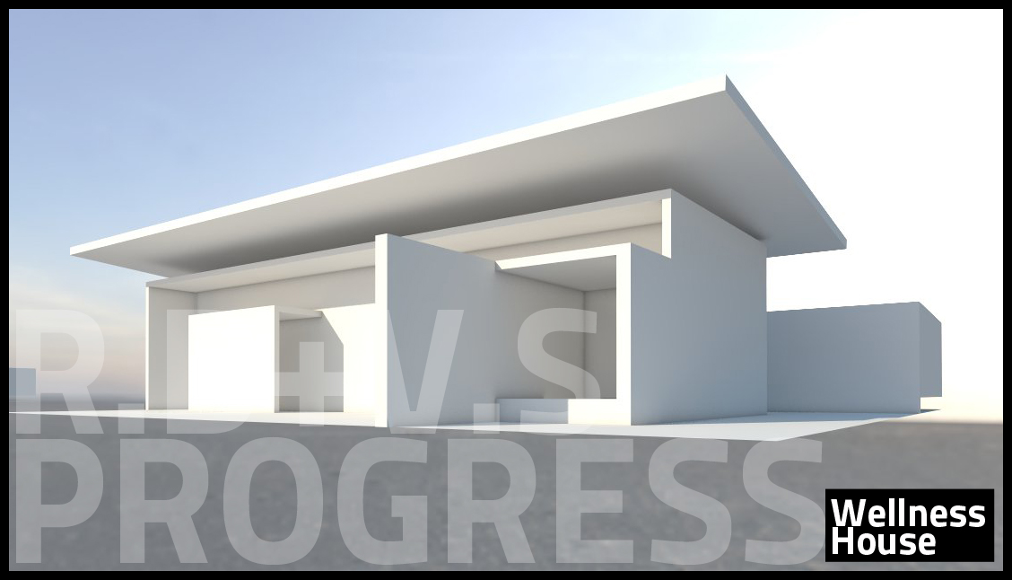 Bare massing study: the same corner rendered as an untextured white model, showing only the roof plane, the supporting walls and the recessed volumes before any material, glazing or landscape was applied.