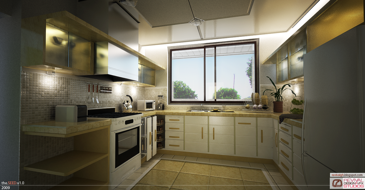 A rendered kitchen seen from one end, lit by cove lighting and a strip under the wall units. Cream slab-fronted base cabinets with slim brass handles run the right hand wall and turn the corner under a beige stone worktop and a small sink set below a wide sliding window onto trees; above them hang gilt-framed wall cabinets with frosted doors. On the left a white range cooker with a black glass oven door sits under a stainless canopy, a kettle on the hob, a microwave and a blender beyond it, utensils on a hanging rail, and a mosaic-tiled back splash the length of the run. A tall frost-door refrigerator closes the right of the frame, a potted plant and a bowl of fruit sit by the window, and the floor is large high-gloss yellow-veined tile. The.SEED.v1.0 over 2009 is signed at the bottom left and revivalgh.blogspot.com above the REVIVAL DESIGN+VFX STUDIOS lockup at the bottom right.