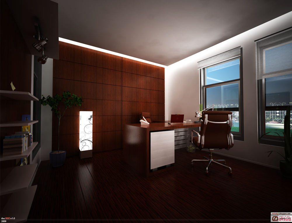 A rendered study at dusk, its far wall panelled floor to ceiling in wide dark timber boards lit from a concealed strip at the cornice. A rectangular desk with a brushed metal front panel stands in the middle of the room carrying an open laptop and a telephone, with a high brown leather executive chair on a chrome base drawn up to it and a second chair behind. A tall rectangular floor lamp with an etched scrolling glass shade glows against the panelling; an open white shelving unit at the left holds books and boxes, a potted tree in a blue drum planter stands beside it, and two windows with lowered blinds on the right look out onto a lit balustrade and lawn. The floor is dark timber. The.SEED.v1.0 over 2009 is signed at the bottom left and revivalgh.blogspot.com above the REVIVAL DESIGN+VFX STUDIOS lockup at the bottom right.