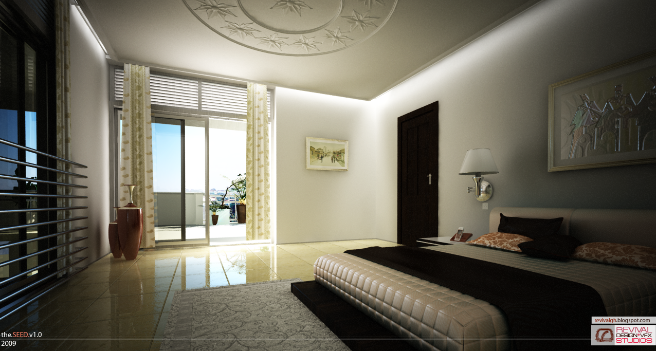 A rendered bedroom seen across the foot of the bed. A low platform bed with a quilted cream base and a dark throw runs to the right, dressed with dark and patterned cushions under a large framed picture, a chrome wall sconce and a small telephone on a floating nightstand beside it. The ceiling carries a circular medallion of stamped stars over concealed cove lighting. Full-height sliding doors in dark frames open onto a balcony with potted plants and a distant roofline, dressed with pale patterned curtains and lowered blinds, and a metal balustrade crosses the left of the frame. Two tall terracotta vases stand on a large pale rug over high-gloss yellow tile, and a dark panelled door sits in the right hand wall. The.SEED.v1.0 over 2009 is signed at the bottom left and revivalgh.blogspot.com above the REVIVAL DESIGN+VFX STUDIOS lockup at the bottom right.