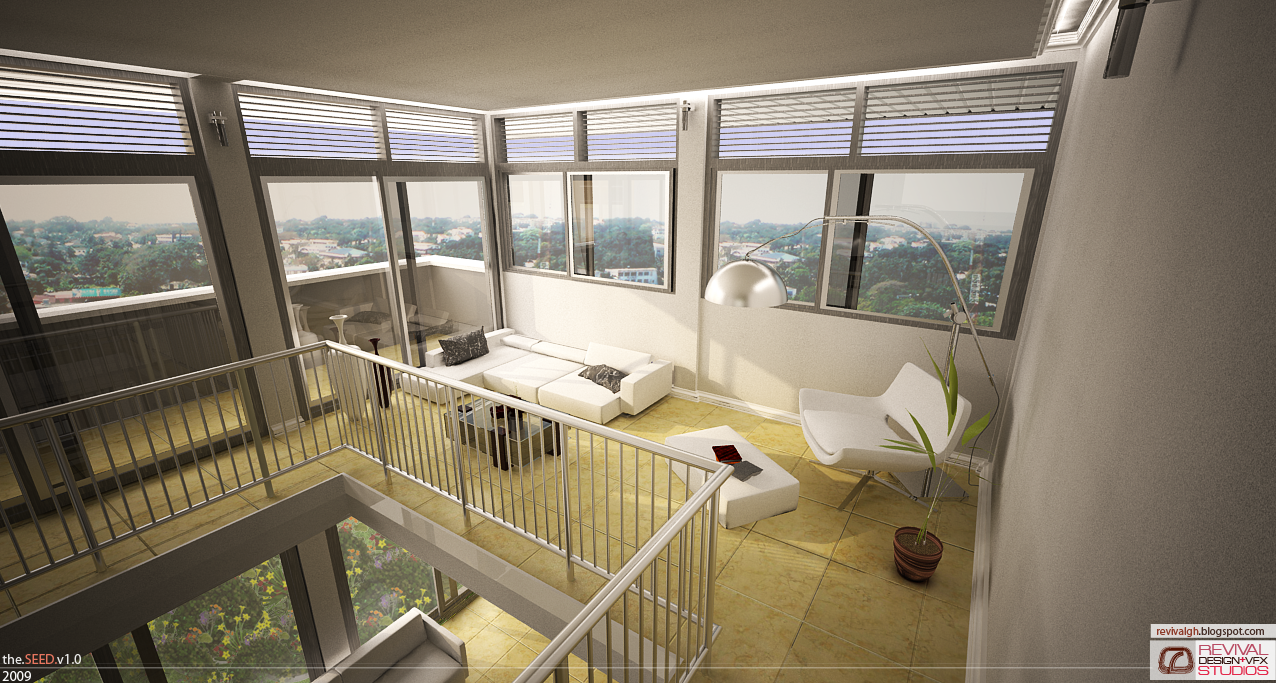A rendered double-height living room seen down from a stair landing. A white L-shaped sectional with dark cushions sits on high-gloss yellow-veined tile around a low dark coffee table, with a white moulded lounge chair, a low white ottoman and a large chrome arc lamp sweeping over the group, and a potted plant in a terracotta pot at the right. A plain metal balustrade with square section posts runs across the foreground and turns down to the floor below, where a grey sofa is partly visible. Glazing wraps the room on two sides at high level, banded with rolled blinds, and looks out over a low city and treeline under a pale sky. The.SEED.v1.0 over 2009 is signed at the bottom left and revivalgh.blogspot.com above the REVIVAL DESIGN+VFX STUDIOS lockup at the bottom right.