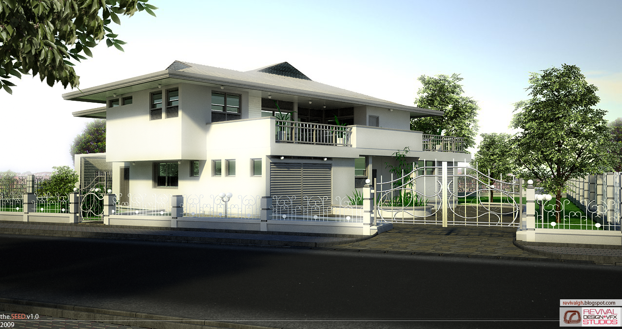 A rendered street elevation of a two-storey house in white render under a grey hipped roof with deep eaves. A first-floor balcony with a plain metal balustrade runs most of the frontage in front of glazed doors, with small punched windows to the left and a flat-roofed single-storey bay at the near end; the ground floor carries a wide roller-shutter garage door between tall narrow windows. A boundary of white metalwork with scroll panels runs between pale piers capped with globe lights, with an ornamental sliding gate at the drive and a paved forecourt inside. Leafy trees frame the composition left and right against a pale sky and a dark road surface crosses the foreground. Only the studio lockup is signed here, at the bottom right.