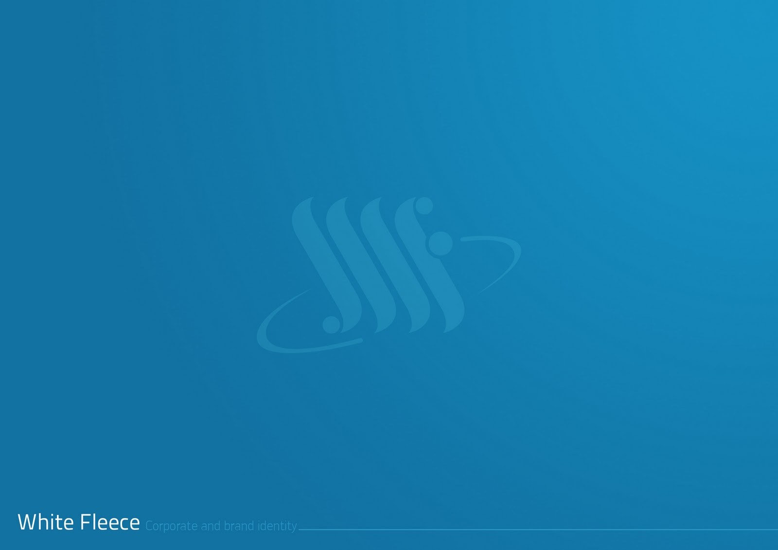 Brand cover plate on a teal-blue gradient, a faint reversed logo watermark centred and the caption White Fleece with the words corporate and brand identity set in small type at the lower left.