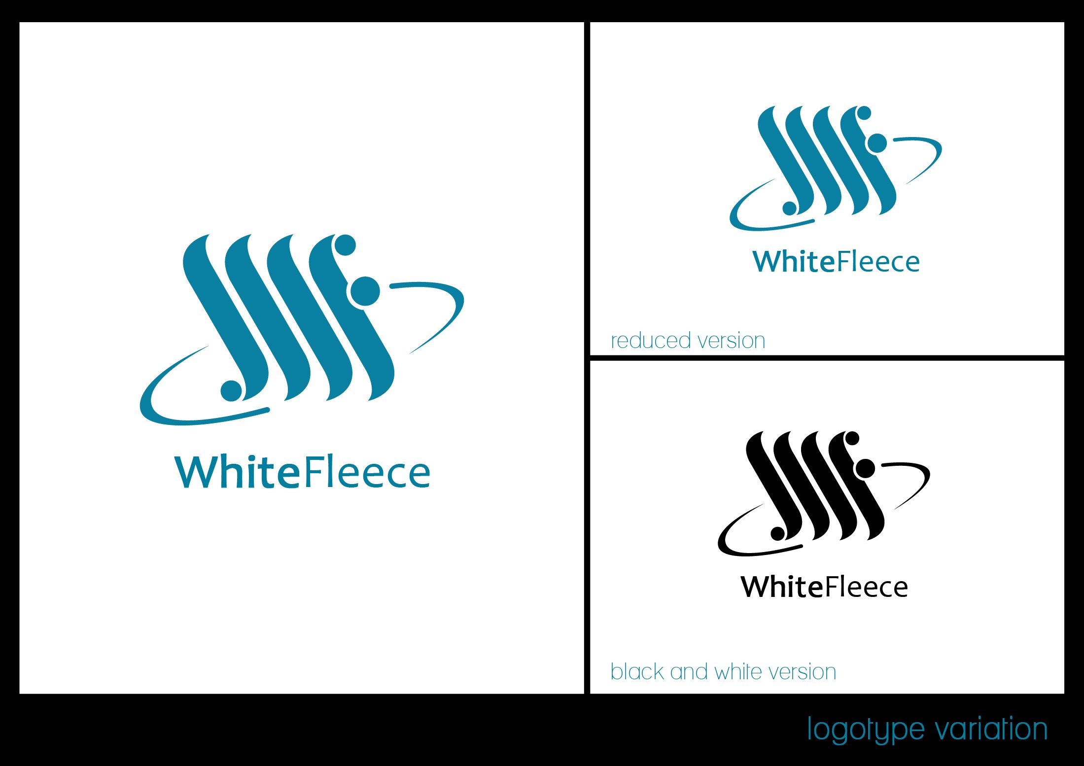 Logotype variation sheet, captioned logotype variation, showing the teal WhiteFleece mark, a reduced version and a black-and-white version, each pairing three curved strokes with an orbiting ring and dot above the wordmark.