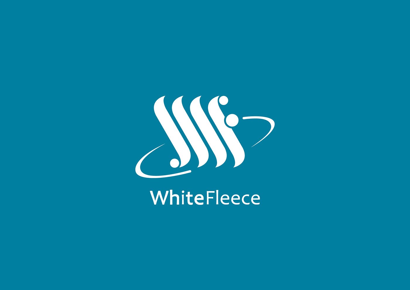 Reversed logo plate on a solid teal-blue field, the WhiteFleece lockup rendered entirely in white, the three-stroke monogram, orbiting ring and dot and wordmark centred as the primary brand signature.