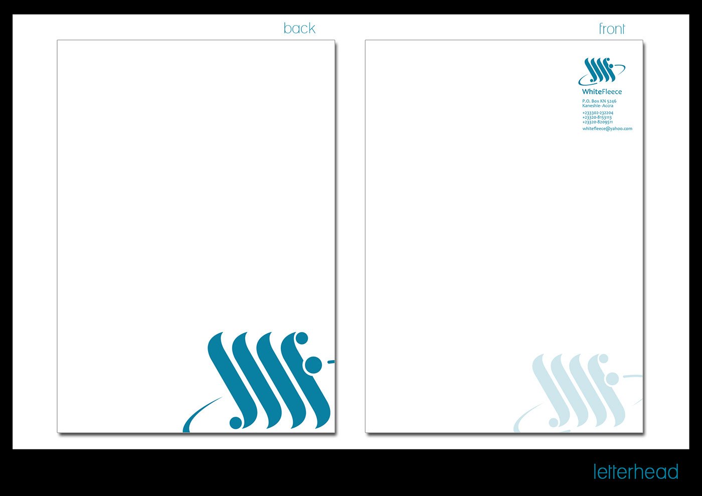 Letterhead sheet, captioned letterhead, showing front and back A4 layouts, a small logo and contact block top right on the front, a large teal monogram bottom left, and a pale watermark on the reverse.