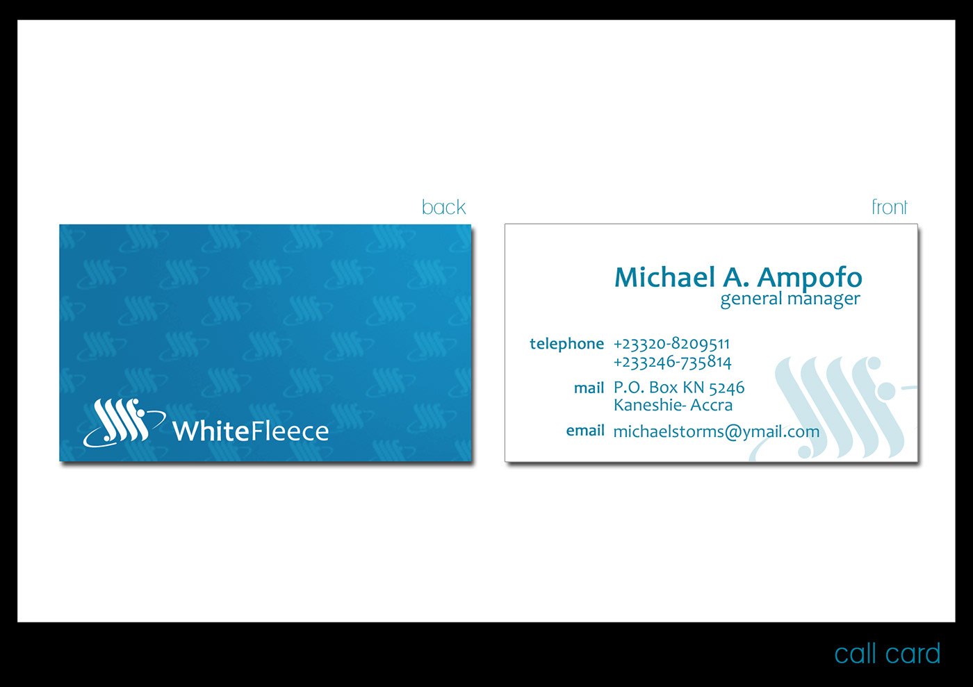 Business card sheet, captioned call card, with a patterned blue reverse carrying the white logo and a white front printing a general manager&rsquo;s name, two phone numbers, a P.O. Box Kaneshie-Accra address and an email.