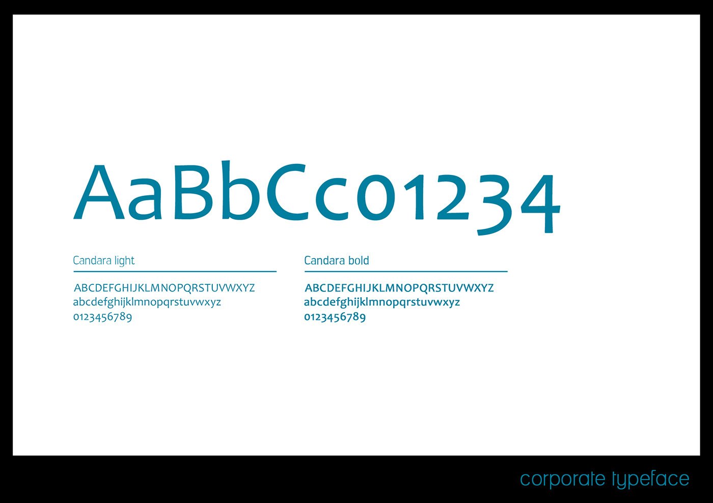 Corporate typeface sheet, captioned corporate typeface, showing the sample AaBbCc01234 in teal above two specimens, Candara light and Candara bold, each with the alphabet and numerals set out for the brand.