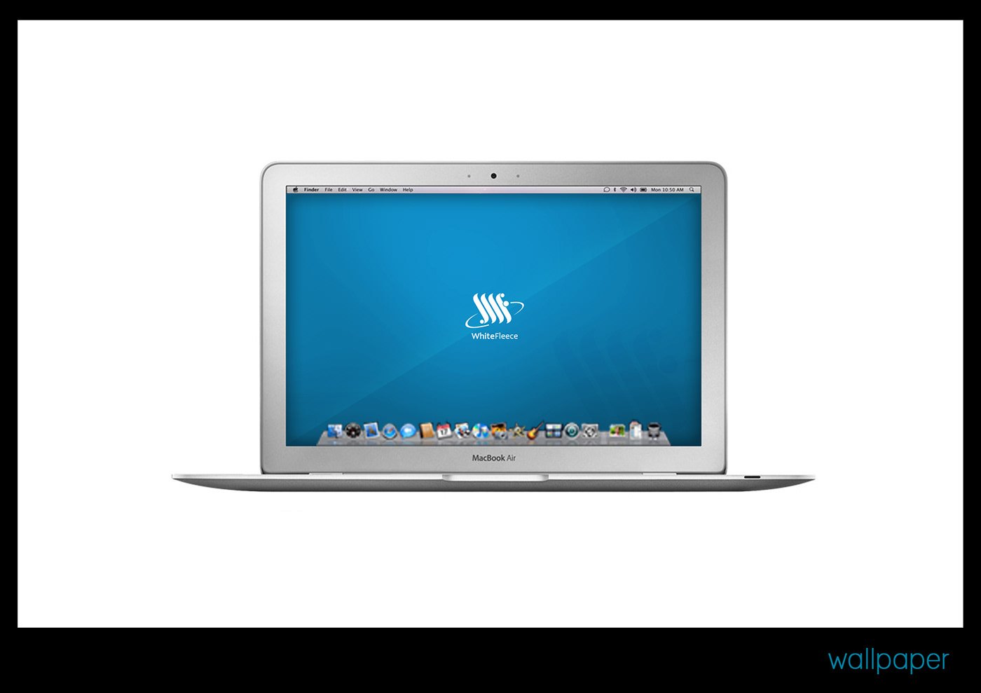 Wallpaper mockup, captioned wallpaper, showing an open silver laptop whose screen carries the teal gradient desktop with the white reversed logo, presented on a plain white studio background.