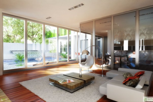 White House living room: a white sectional with rust and olive cushions on a pale shag rug, two stacked timber coffee tables and an arched chrome floor lamp, full-height sliding glazing onto a pool and planted courtyard at the left and a mirrored wall returning the room at the right